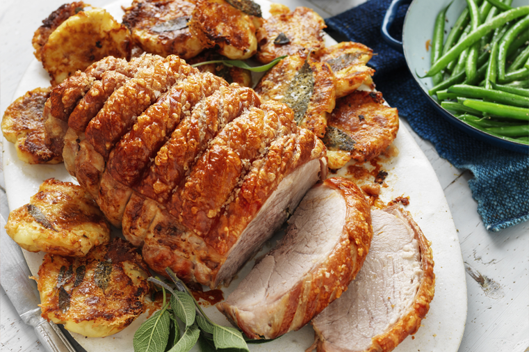Crackled Boneless Pork Leg Roast With Crunchy Parmesan & Sage Potatoes