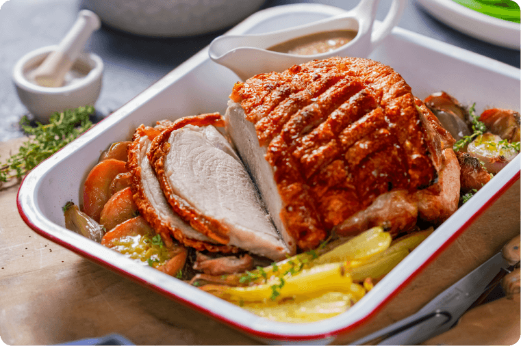 Family Chef Roast Pork with Crispy Crackle & Autumn Baked Vegetables