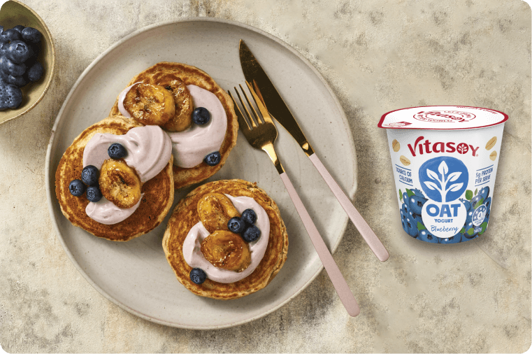 Oat Blueberry Pancakes with Caramelised Bananas